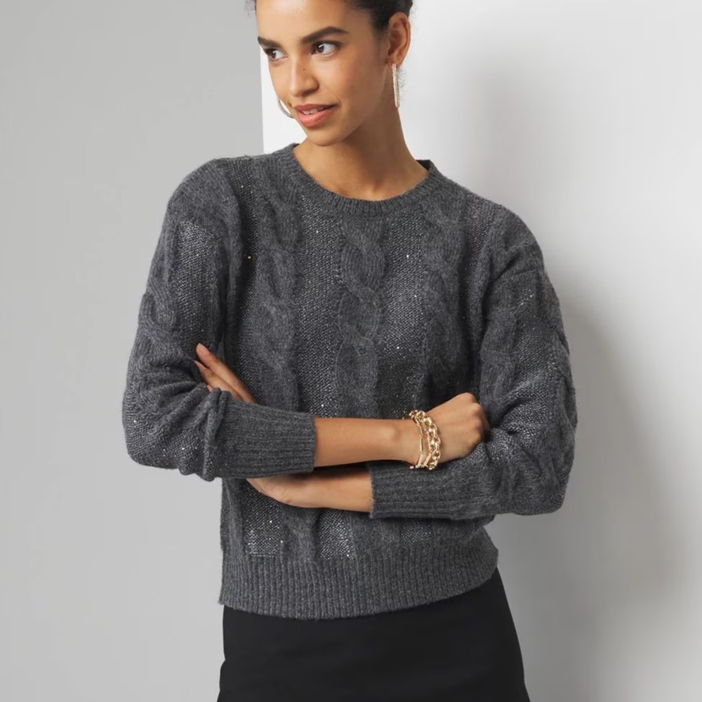 White House Black Market Gray Sequin Cable Pullover Sweater